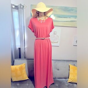 Women’s Hide Belly Work Casual Long Blouson Dress with Pockets in Large Coral